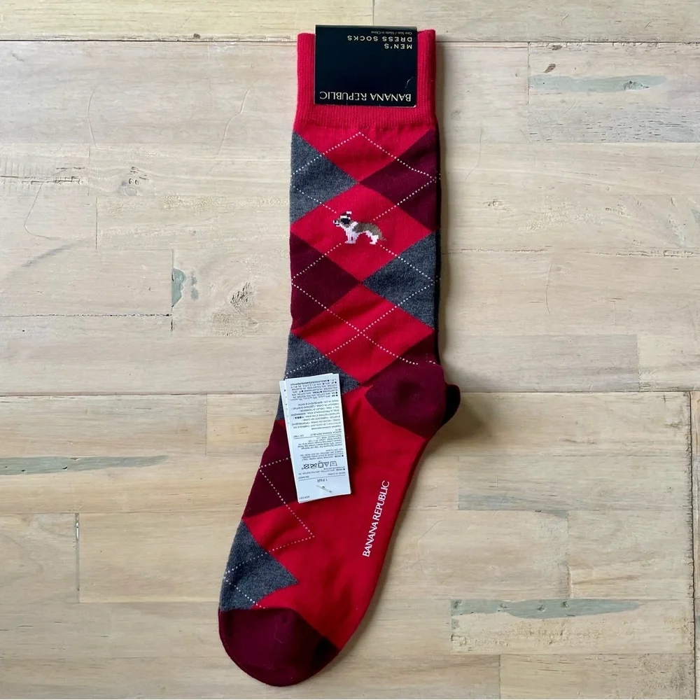 Banana Republic Red and Gray Argyle Dress Socks with Dog Motif